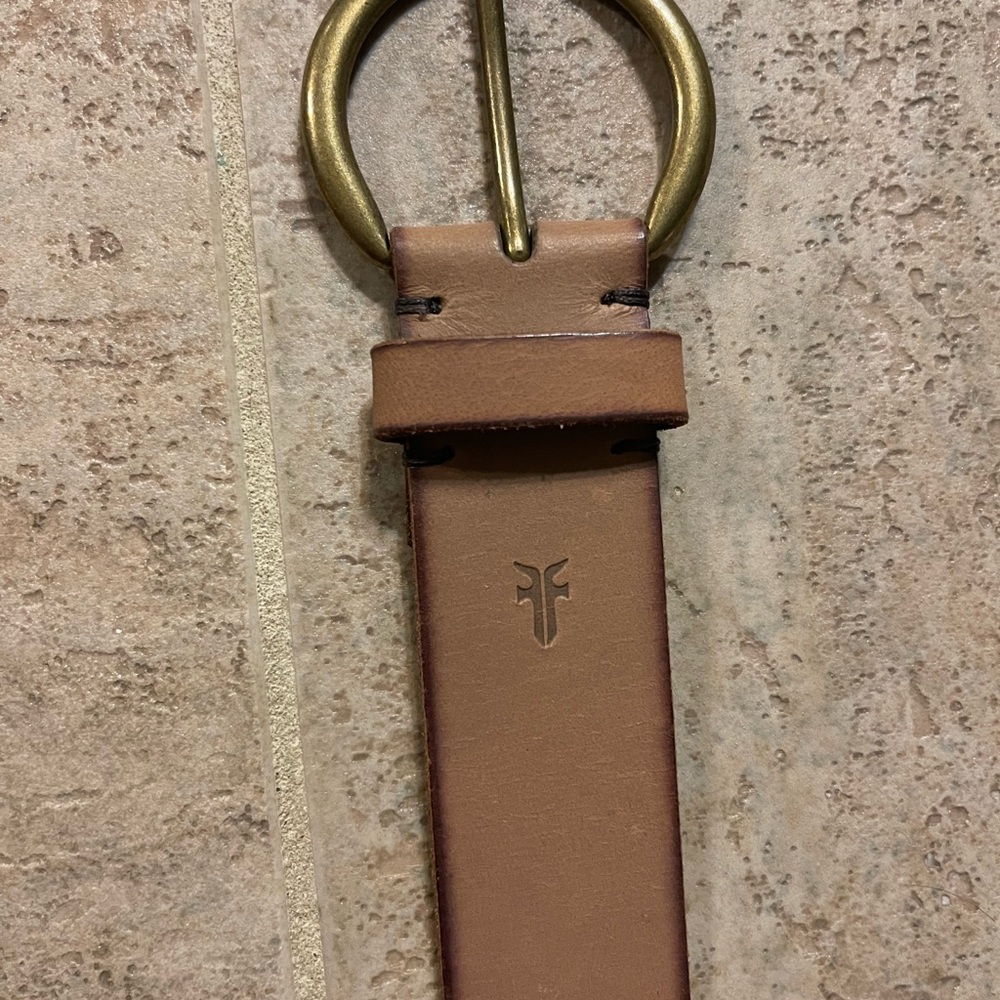 Frye Tan Leather Belt with Gold Buckle